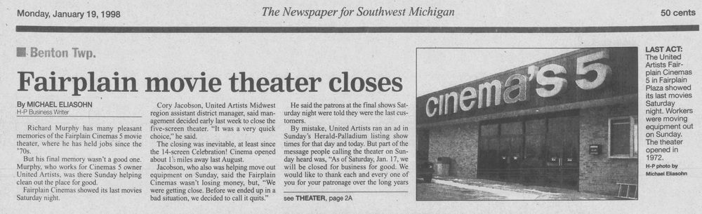 Fairplain Cinemas 5 - Jan 1998 Article On Closing (newer photo)